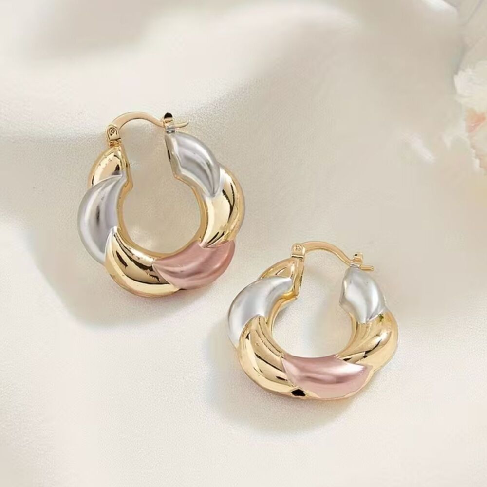 Tri-Color Gold Plated Twist Hoop Earrings Lightweight Secure White Yellow Rose